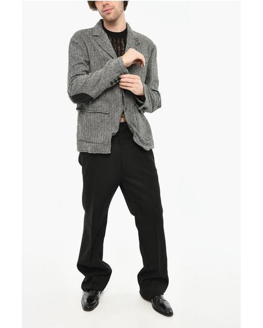 DSquared² Gray Herringbone Wool 3 Buttons Blazer With Faux Leather Patch for men