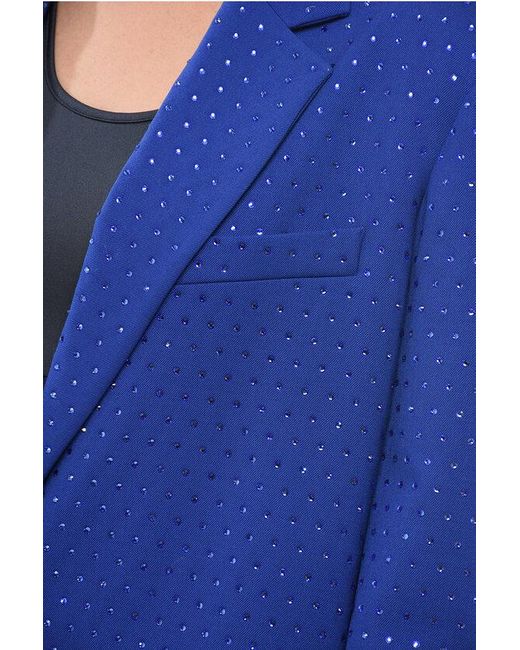 ANDAMANE Blue Single-Breasted Blazer With Allover Rhinestones
