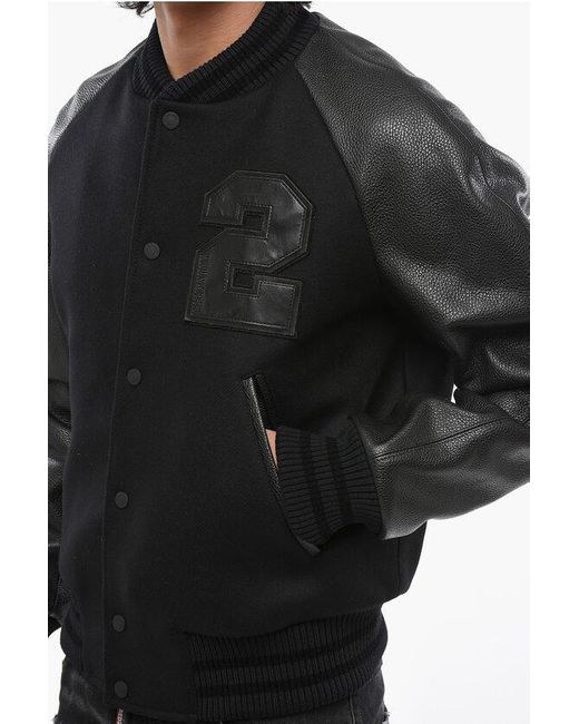 DSquared² Black Wool Cloth Bomber Jacket With Leather Sleeves And Patches for men