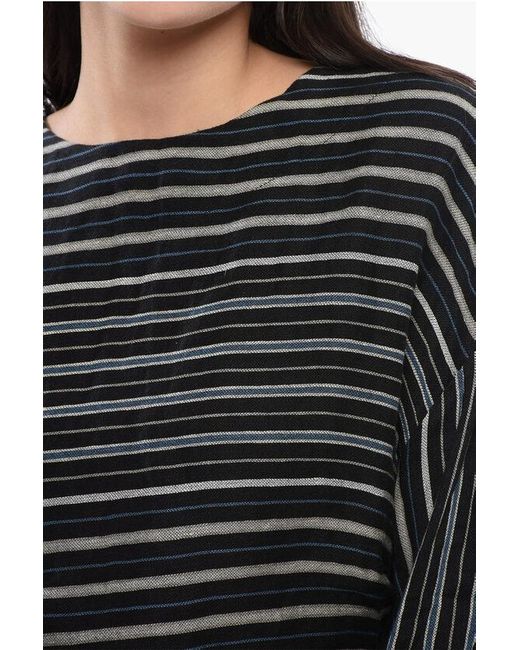 Woolrich Black Balanced Stripe Varsity Linen Blend Blouse