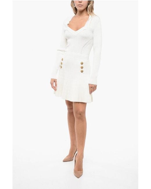 Balmain White Accordion Skirt Knitted Dress With Logoed Buttons