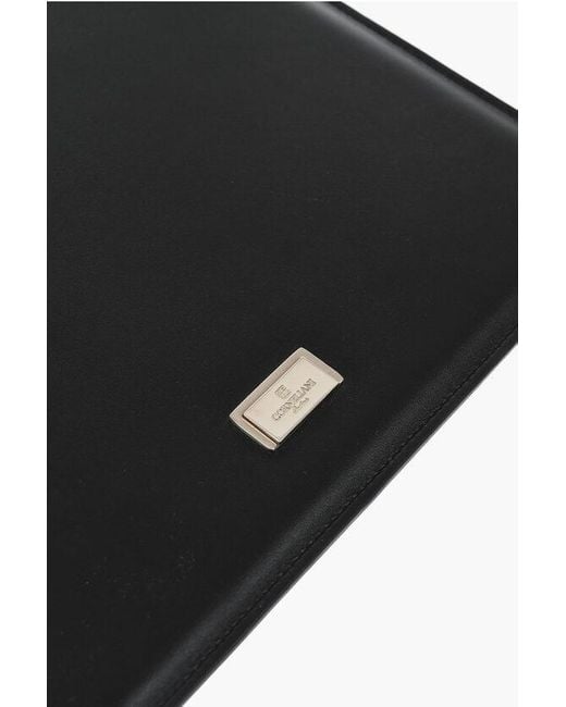 Corneliani Black Solid Color Leather Tablet Holder With-Tone Logo for men