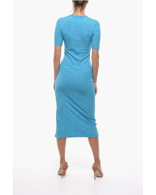 Samsøe & Samsøe Blue Shorts Sleeve Hilde Bodycon Maxi Dress With Slit Frontal