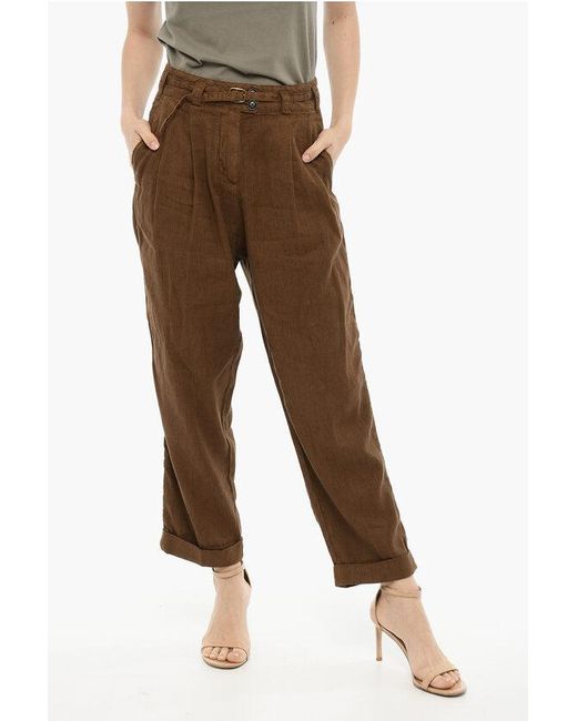 Woolrich Brown Doluble Pleated Linen And Cotton Pants With Belt