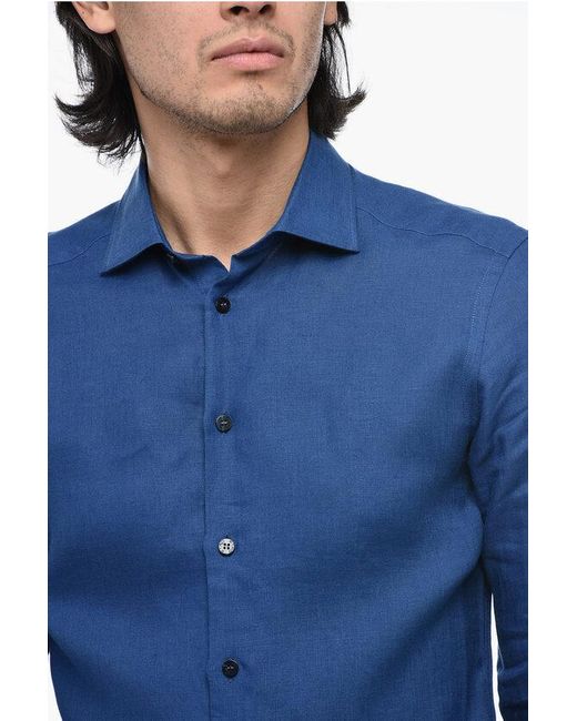 Etro Blue Linen Shirt With Curved Hemline for men