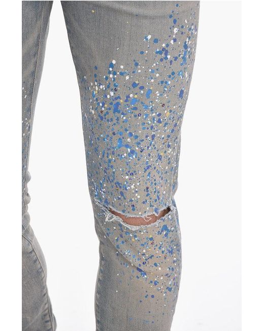 Amiri Blue Paint-Printed Vintage-Effect Denims With Rhinestones 14Cm for men