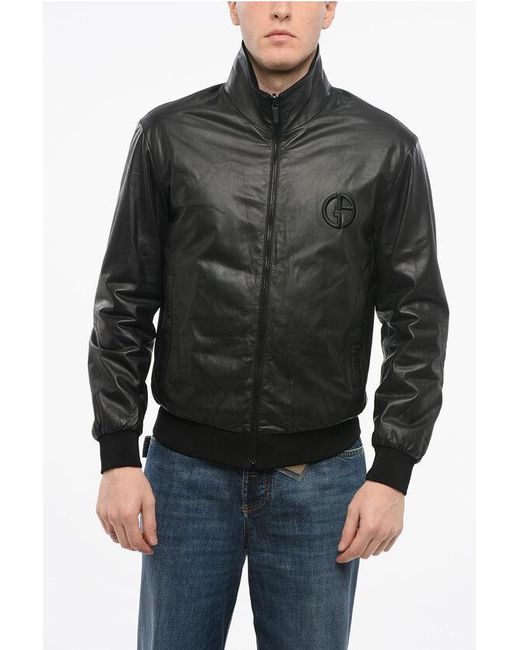 Armani Black Giorgio Reversible Leather Jacket With Embroidered Logo for men