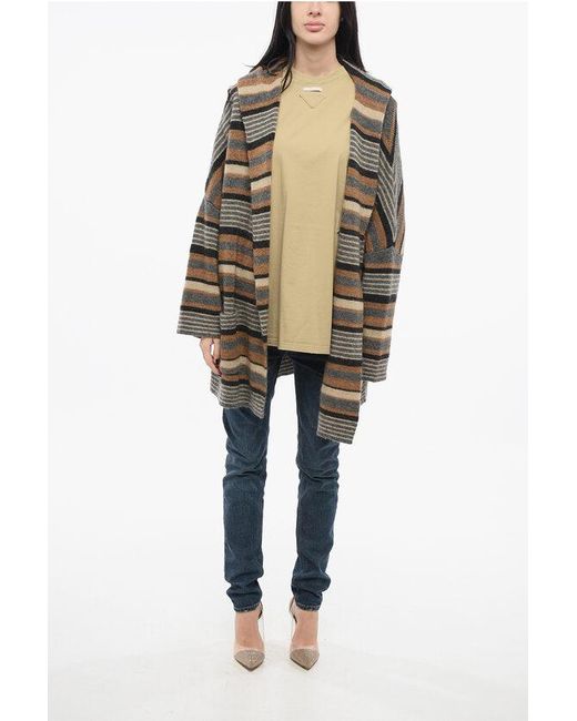 Woolrich Brown Striped Wool Blend Maxi Cardigan With Hood