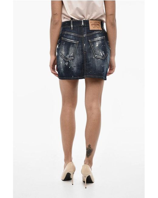 DSquared² Blue Vintage Effect Denim Mini Skirt With Frontal Split