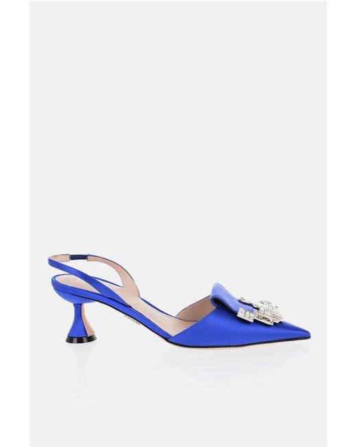 Rodo Blue Solid Color Satin Slingback Pumps With Jewels Heel 6.5Cm