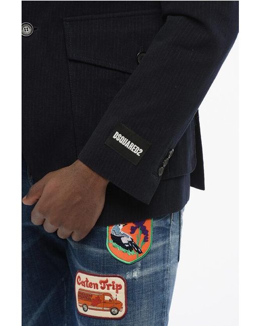 DSquared² Blue Pinstriped Blazer With Leather Chest Piece for men