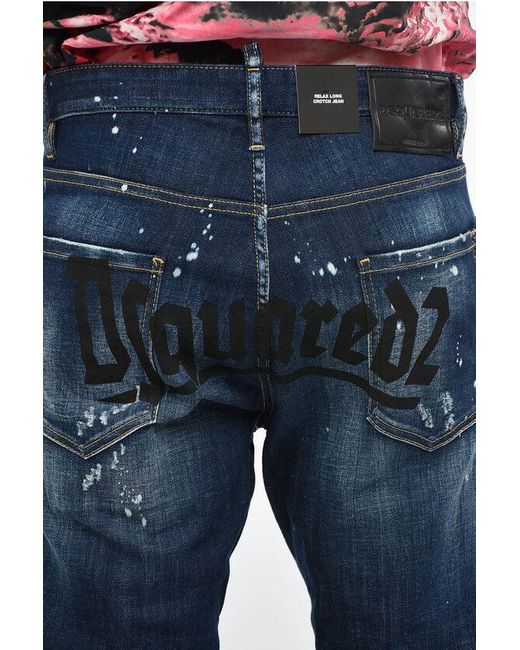 DSquared² Blue Distressed Relax Long Crotch Denims With Logo Print 16Cm for men