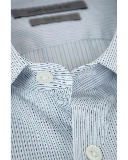 Corneliani Blue Standard Collar Balanced Stripe Slim Fit Cotton Shirt for men