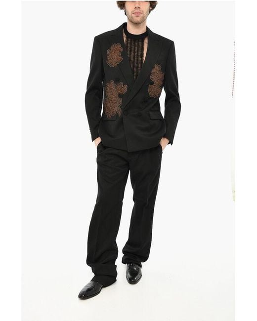 DSquared² Black Virgin Wool Double Breast Blazer With Sequined for men