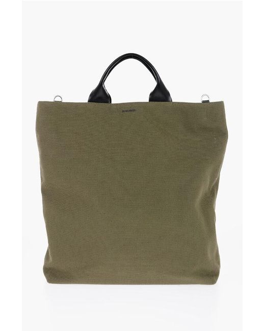 Jil Sander Green Canvas Shopper Bag With Leather Handles for men