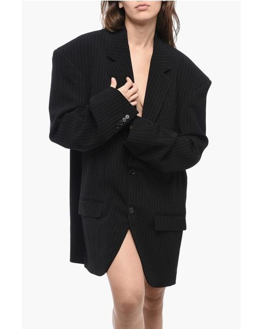 Balenciaga Black Grande-Robe Oversized Pinstriped Blazer With Padded