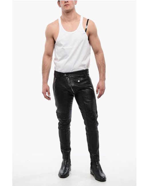 DSquared² Black Leather Biker Pants With Zipped Detailing for men