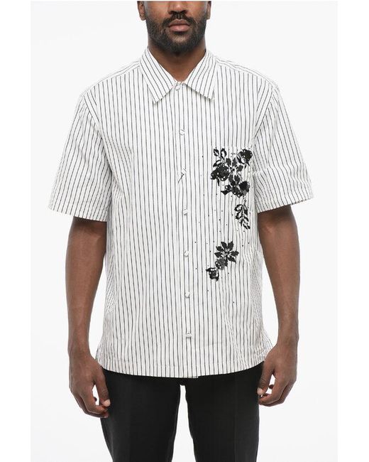 Dolce & Gabbana White Striped Bowling Shirt With Sequined Embroidery for men