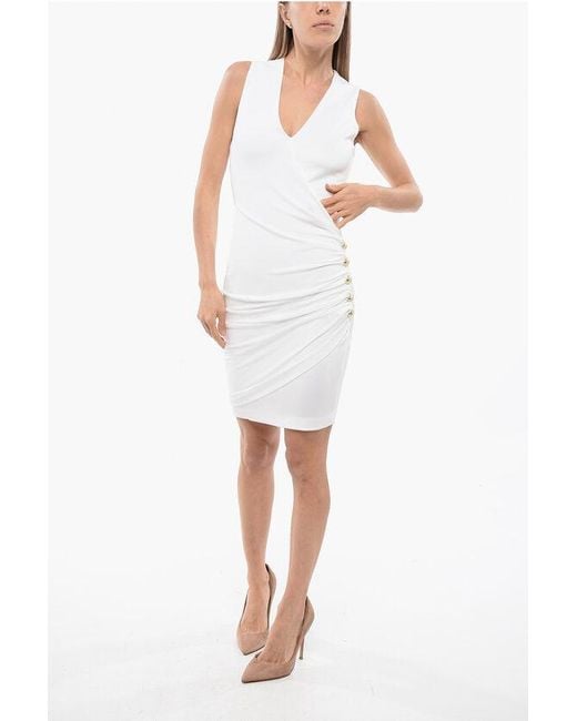 Balmain White Draped Sleeveless Dress With Jewel Button