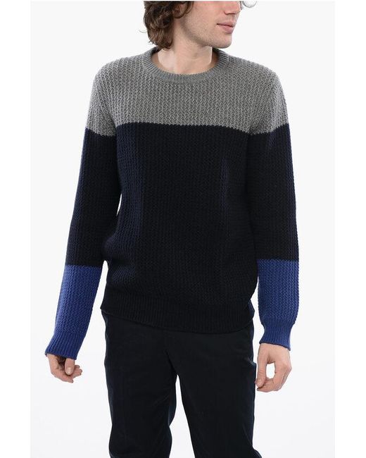 Corneliani Blue Two Tone Cashmere Crewneck Pullover for men