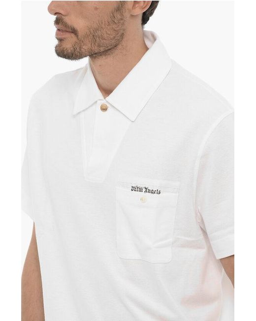 Palm Angels White Piquet Cotton One Button Polo Shirt With Breat Pocket for men