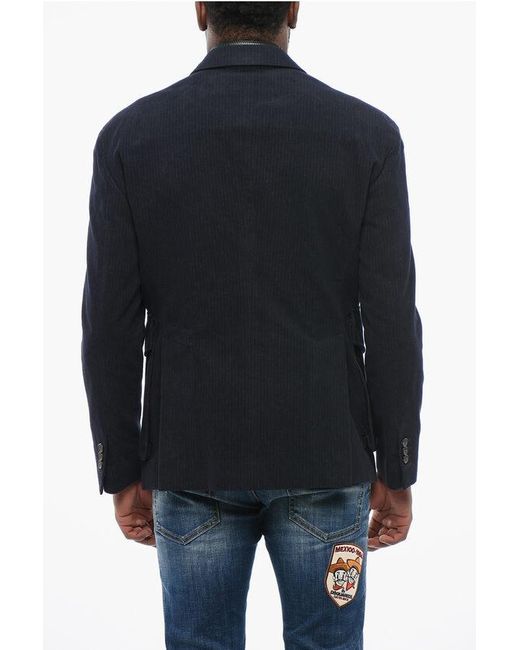 DSquared² Blue Pinstriped Blazer With Leather Chest Piece for men