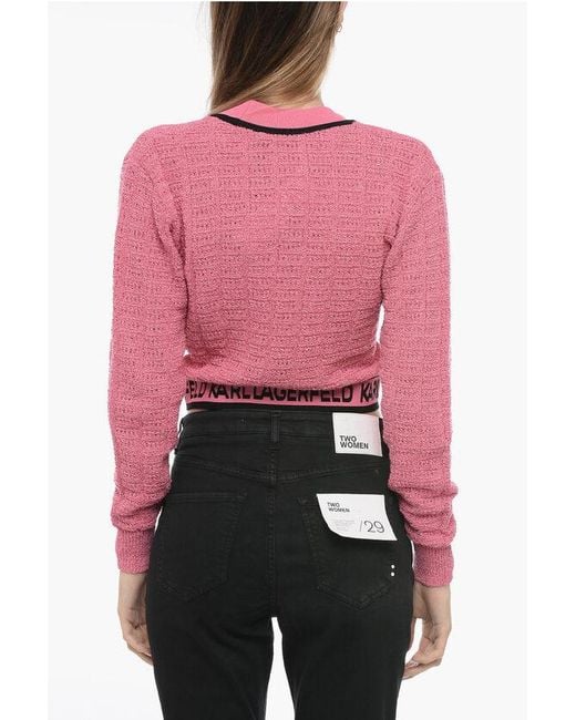 Karl Lagerfeld Pink Bouclè Fabric Cropped Cardigan With Logoed Band