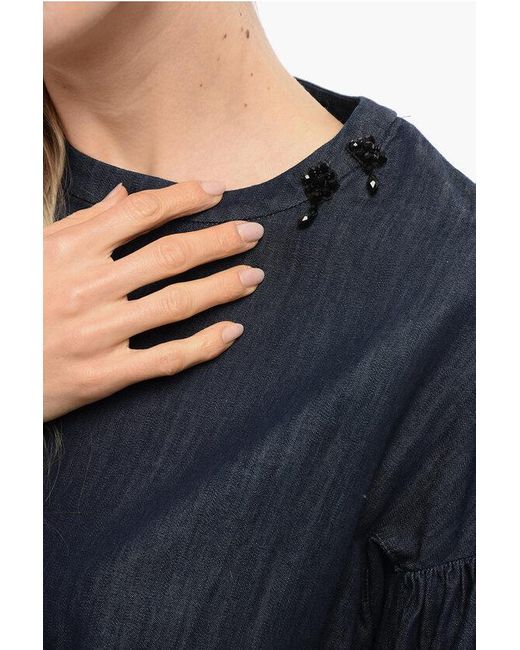 Max Mara Black S Denim Blouse With Balloon Sleeves And Rhinestones