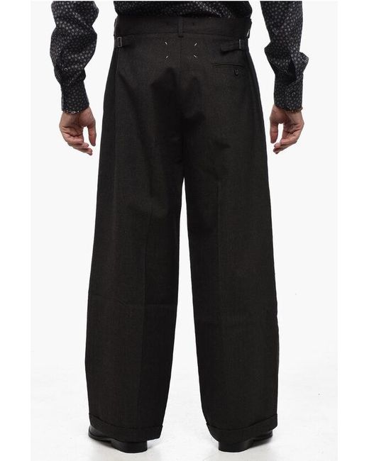 Maison Margiela Mm0 Single-Pleated Wide Leg Wool Pants in Black 