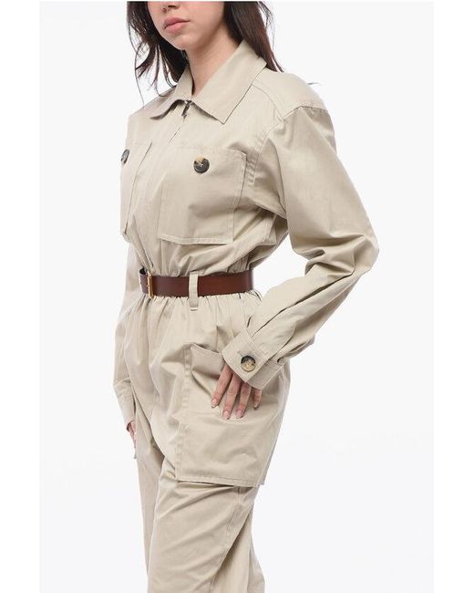 Saint Laurent Natural Cotton Twill Jumpsuit With Leather Belt