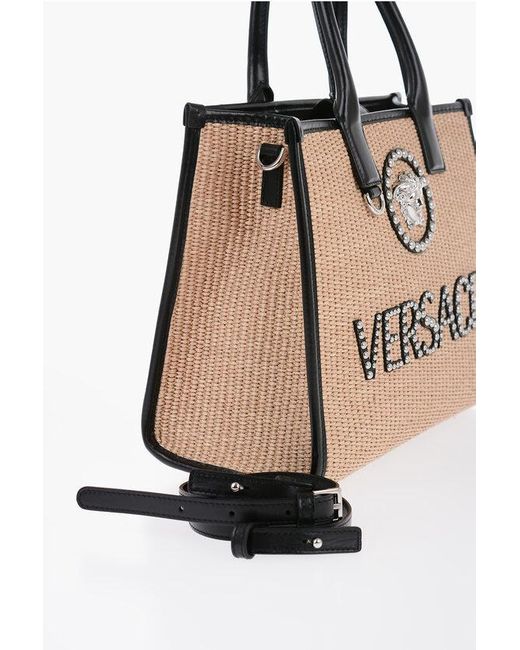 Versace Black Rafia Logoed Tote Bag With Leather Trims