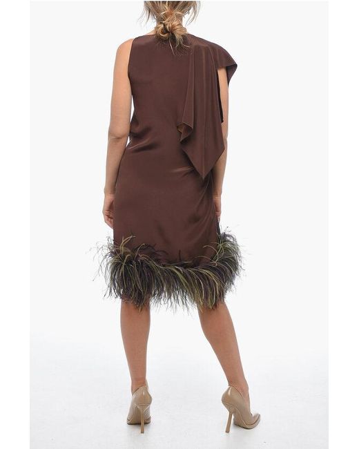 Stephan Janson Brown Asymmetric Paris Silk Dress With Ostrich Feathered Bottom