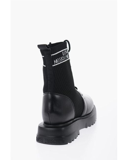 Moschino Black Love Leather And Fabric Combat Boots With Contrasting Detail