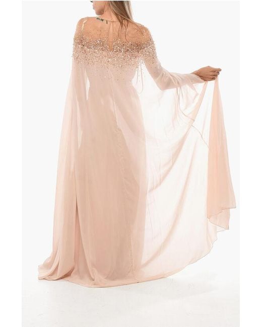Elisabetta Franchi Natural Carpet Chiffon Dress With Sequines And Mantle Sleeves