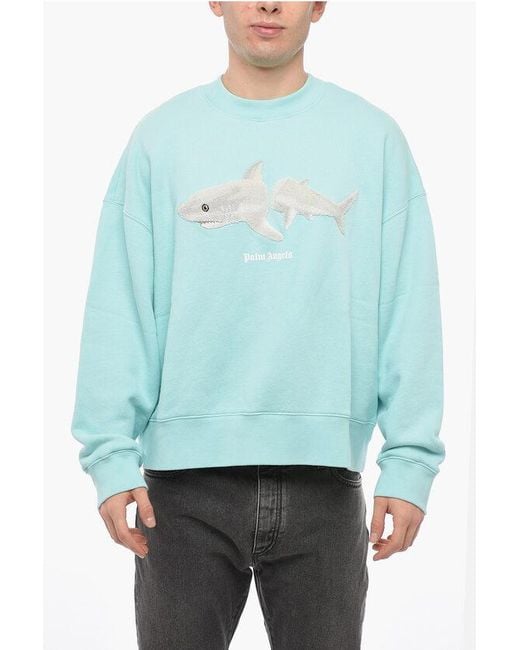 Palm Angels Green Crew Neck Shark Sweatshirt With Terry Patch for men