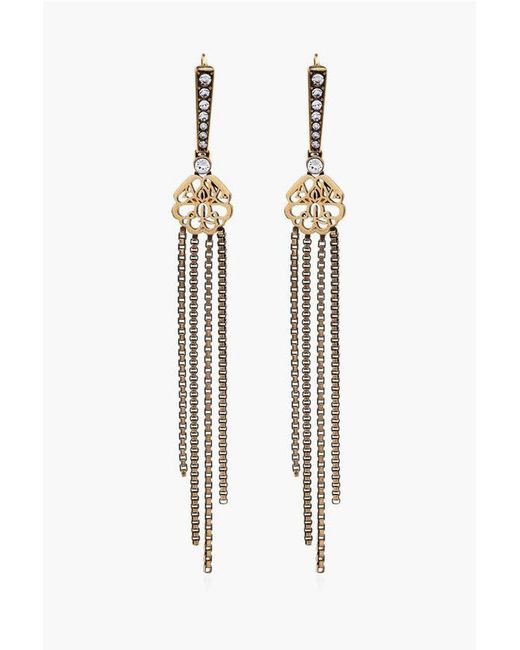 Alexander McQueen White Golden-Effect Seal Drop Earrings With Rhinestone