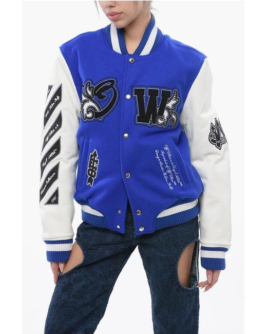 Off-White c/o Virgil Abloh Blue Padded Royal Bomber Jacket With Leather Sleeves And All-Over