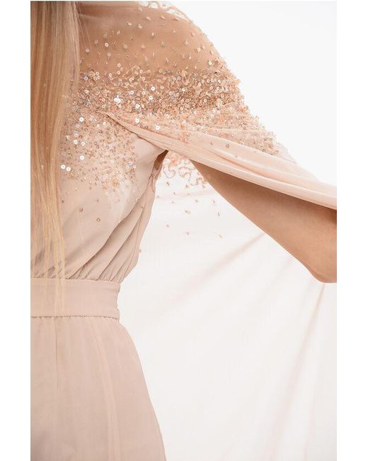 Elisabetta Franchi Natural Carpet Chiffon Dress With Sequines And Mantle Sleeves
