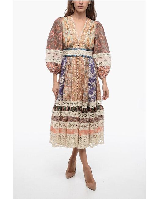 Zimmermann Natural Paisley Patterned Linen Devi Spliced Dress