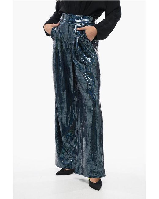 New Arrivals Blue All-Over Sequined Wide-Leg Pants With Pleats