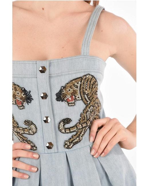 Philipp Plein Blue Couture Denim Dress It's Fine Love Pleated Details With Stra