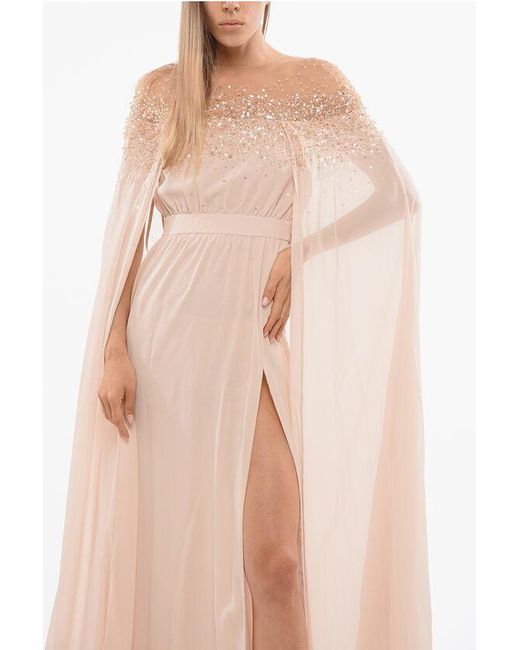 Elisabetta Franchi Natural Carpet Chiffon Dress With Sequines And Mantle Sleeves