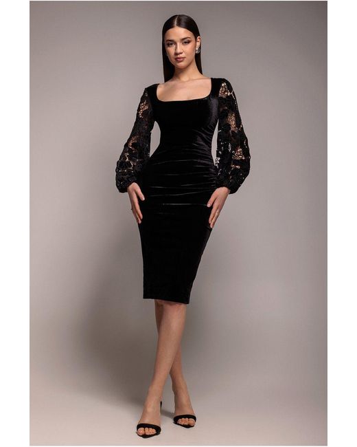 Goddiva Black Square Neck Scalloped Crochet Sleeve Velvet Midi Dress