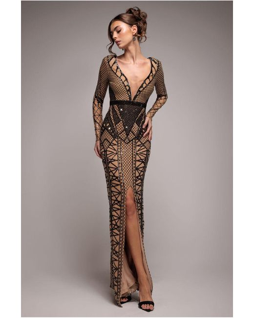 Goddiva Natural Geometric Sequin Plunge Maxi