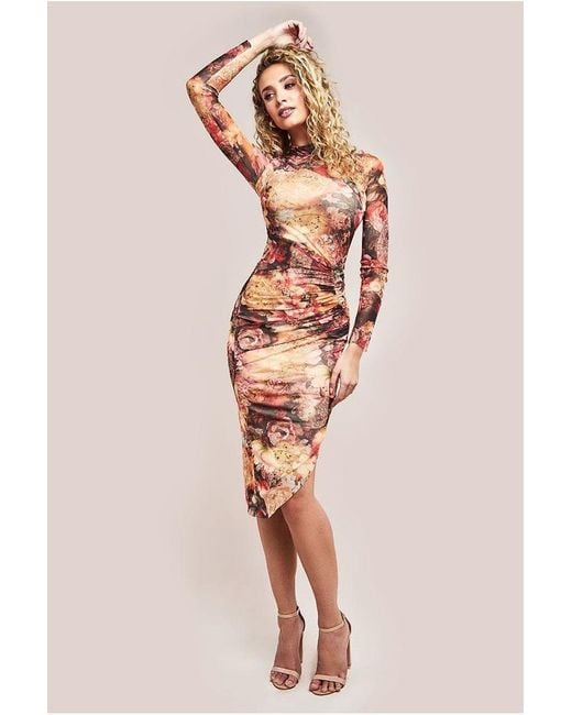 Goddiva Natural Asymmetric Gathered Skirt Midi Dress