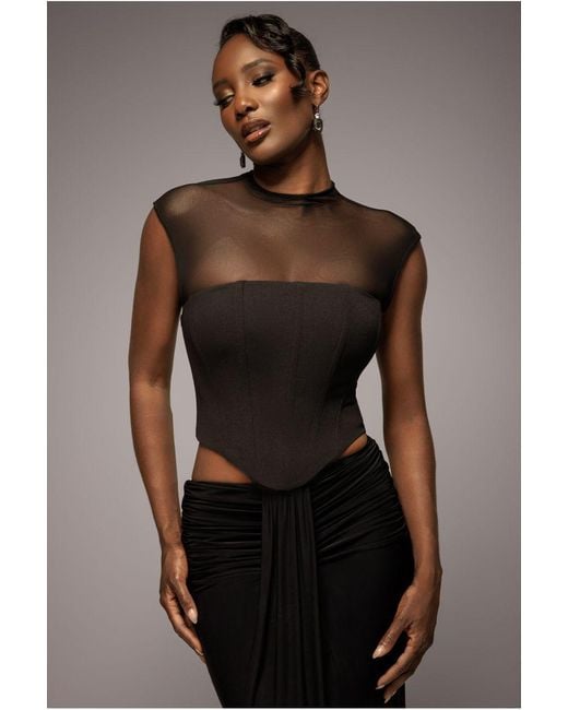 Goddiva Black High Neck Open Back Lace Up Scuba Corset Top