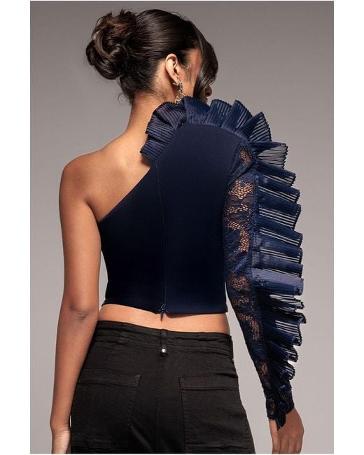 Goddiva Blue One Shoulder Fan Pleat Frill Corset Top