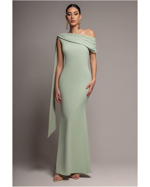 Goddiva Gray Sash One Shoulder Bardot Maxi Dress
