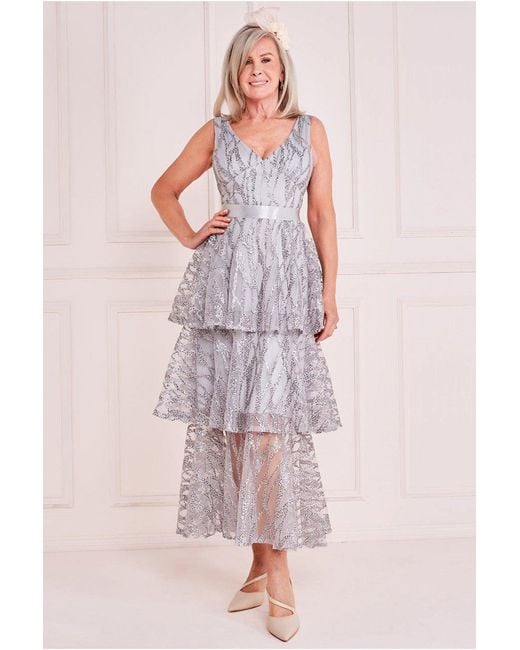 Goddiva Pink Embroidered Mesh Layered Midi