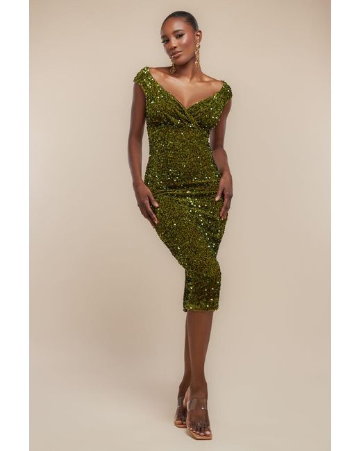 Goddiva Green Multi Sequin & Velvet Bardot Midi Dress